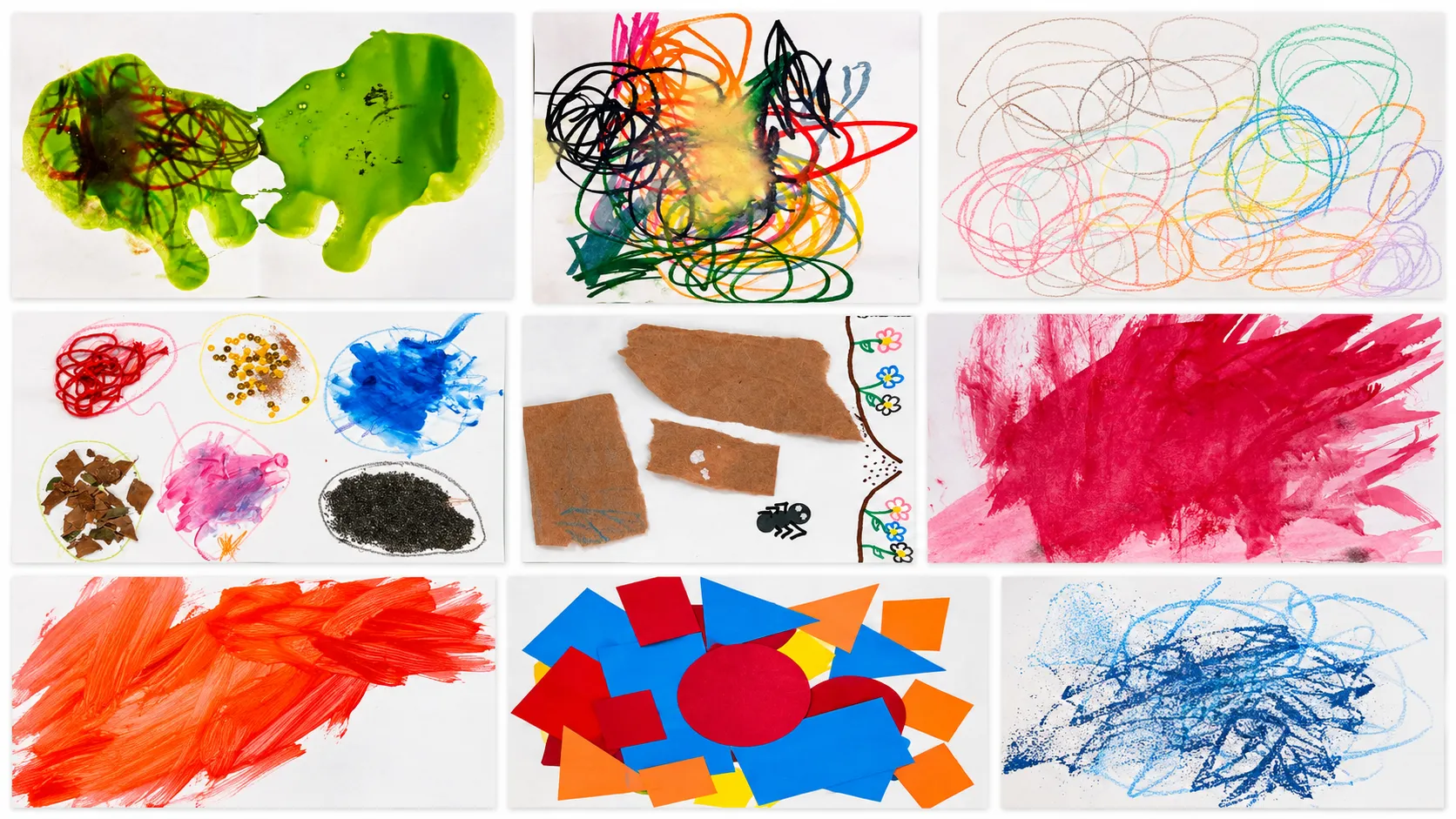 Mosaico com nove trabalhos de arte infantil: pinturas, rabiscos de giz de cera e colagens de papel colorido.