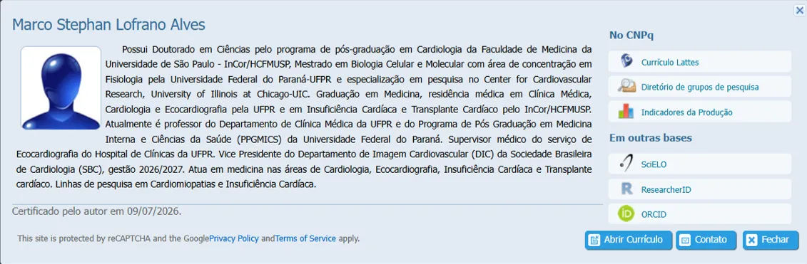 Resumo do Currículo Lattes de Marco Stephan Lofrano Alves na Plataforma Lattes do CNPq: doutorado em Ciências pelo InCor/HCFMUSP, mestrado pela UFPR com especialização em pesquisa na University of Illinois at Chicago, residências na UFPR e no InCor, professor da UFPR, supervisor do serviço de Ecocardiografia do Hospital de Clínicas da UFPR e vice-presidente do DIC da SBC, gestão 2026/2027.